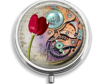 Pill Box Pill Case Steampunk Tulip Pill Holder Pill Container Trinket Box PillBox Vitamin Holder Medicine Box Mint Tin Gift For Her