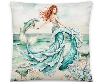 Die Meerjungfrau Sirene am Strand Dekokissen, Sofa, Stuhl Akzent, Housewarming, Home Decor, inklusive Einsatz, Nautik, Küste, Ozean