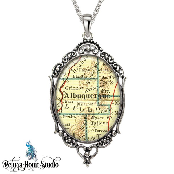 Vintage Map Necklace Oval Filigree Pendant City of Albuquerque New Mexico Antique Map Pendant State of NM Map Jewelry Destination Travel