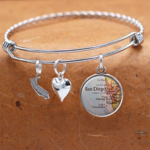Pulsera de mapa de California / San Diego CA / pulsera de encanto / Vintage Mapa joyería / dama de honor cumpleaños graduación regalos para su