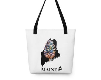 Maine State Small Tote Bag With State Flower, Pine Cones, ME Map Gifts, Art Totes, Laptop Bags