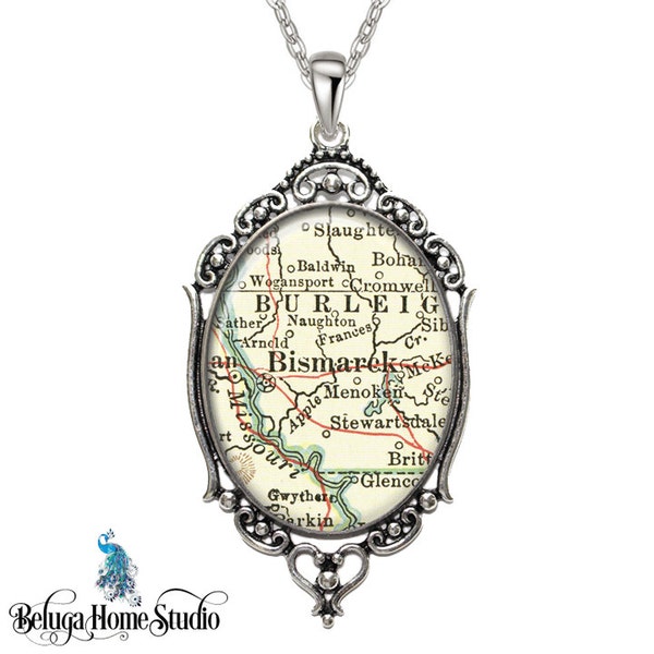 Vintage Map Necklace Oval Filigree Pendant City of Bismarck North Dakota Antique Map Pendant State of ND