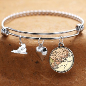 Carte Charm Bracelet bois pont Lorton en Virginie Antique carte État VA bracelet manchette Bracelet carte Vintage bijoux Bracelet en acier inoxydable