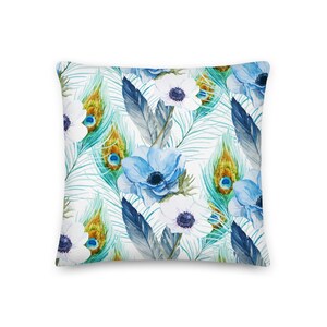 Boho Blue Anemone Flowers and Peacock Feathers Decorative Pillow All Over Floral Pattern / Home Decor / Sofa Pillow / Decorative Pillow