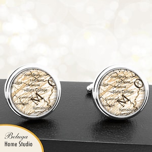 Carte antique Boutons de manchette State College PA Boutons de manchette faits à la main Cartes de la ville Pennsylvanie Groomsmen Fête de mariage Pères Papas Hommes