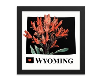 Wyoming Art Print, State Flower, Indian Paintbrush, Framed Print, WY Map Gifts, Home Decor, Wall Art, Wedding Gifts, Real Estate Gifts