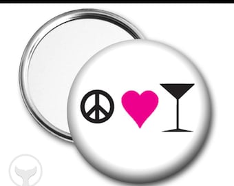 Peace Love Martini Mirror, Boissons, Cadeau de vacances, Cadeaux de demoiselle d’honneur, Choisissez un miroir de poche, un crochet de sac à main ou un miroir compact