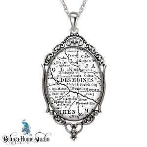 Vintage Map Necklace Oval Filigree Pendant City of Des Moines IO State of Iowa United States Antique Map Pendant