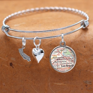 California Map Bracelet / Hollywood CA / Charm Bracelet / Vintage Map Jewelry / Bridesmaid Birthday Graduation Gifts For Her