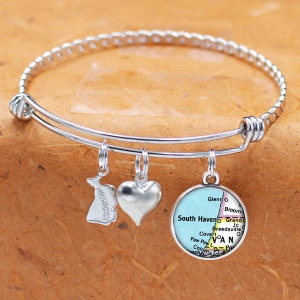 Michigan Map Bracelet / South Haven MI / Charm Bracelet / Vintage Map Jewelry / Bridesmaid Birthday Graduation Gifts For Her