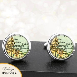 Carte antique Boutons de manchette Amsterdam Pays-Bas Boutons de manchette pour les garçons d’honneur Groom Fiance Anniversaire Mariage Pères Papas Hommes