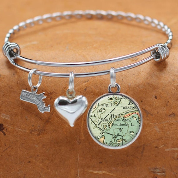 Map Bracelet Dedham Massachusetts State of MA Bangle Cuff Bracelet Vintage Map Jewelry Stainless Steel Bracelets