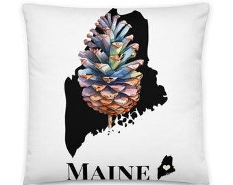 Maine Map Pillow With State Flower, Pinecone, ME Throw Pillow, Sofa Accent, New Home Gift, Travel, Vacations, Wanderlust