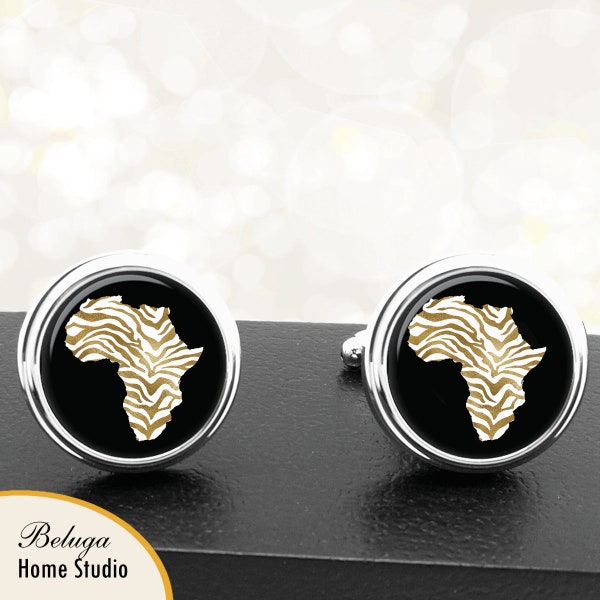 Cufflinks Africa Gold Zebra Pattern / African Continent / Fingerprint / Cuff Links, Tie Clip, Money Clip, Groomsmen Weddings Gifts For Men