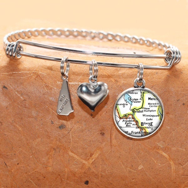 New Hampshire Map Bracelet / Bristol NH / Map Charm Bracelet / Vintage Map Jewelry / Map Gifts /  Bridesmaid Birthday Graduation