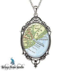 Vintage Map Jewelry Oval Filigree Pendant City Charleston South Carolina Pendant Antique Map Necklace State of SC