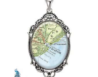 Vintage Map Jewelry Oval Filigree Pendant City Charleston South Carolina Pendant Antique Map Necklace State of SC