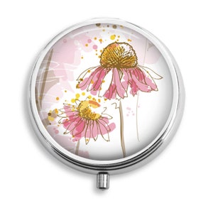 Pill Box, Watercolor Pink Echinacea Flowers, Pill Holder Pill Container Trinket Box PillBox Vitamin Medicine Box, Mint Tin, Gifts For Her