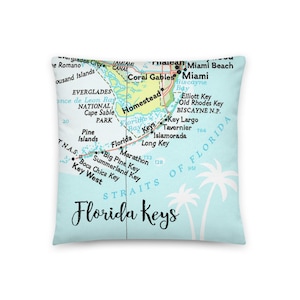 Oreiller de carte Florida Keys / Cadeaux de mariage de vacances personnalisés / Tropical Beach Ocean Coastal Decor / Key West Key Largo Miami / FL Map Gifts