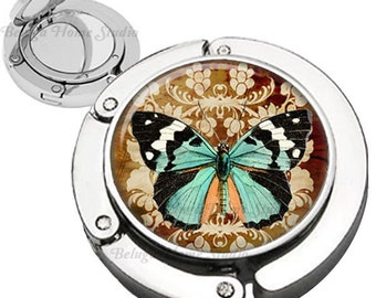 Floral Damask in Sepia with Teal Butterfly Purse Hook Bag Hanger Lipstick Compact Mirror