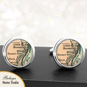 Kaart Manchetknopen Miami FL handgemaakte Cuff Links stad antieke kaarten Florida Groomsmen bruiloft partij vaders vaders mannen
