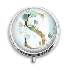 Personalized Pill Box, Initials, Alphabet Gold & Green With Eucalyptus Floral Botanicals, Pill Holder Container Trinkets Vitamins Medicines