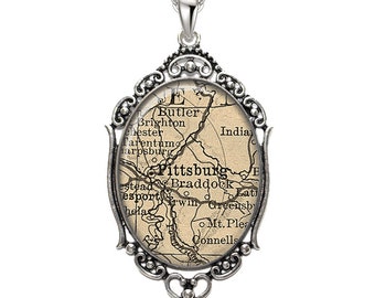 Map Pendant Pittsburgh PA Oval Filigree Pendant Pennsylvania Necklace Art Pendant Graphic Pendant