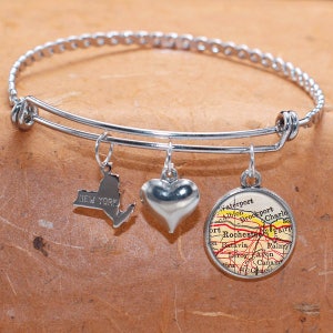 Custom Map Charm Bracelet Rochester State of NY Bangle Cuff Bracelet Vintage Map Jewelry Stainless Steel Bracelet