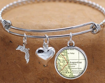 St Augustine Florida Map FL State Charm Bangle Bracelet Personalized Custom Vintage Map Jewelry Stainless Steel Bracelet