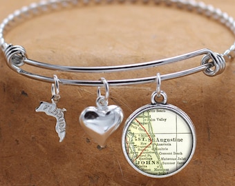 St Augustine Florida Map FL State Charm Bangle Bracelet Personalized Custom Vintage Map Jewelry Stainless Steel Bracelet