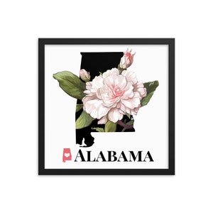 Staat Alabama Art Print met staatsbloem, Camellia, ingelijste print, AL Map Gifts, Map Print, Home Decor, huwelijksgeschenken