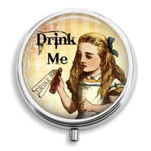 Alice in Wonderland Alice Holding Bottle That Says Drink Me Pill Box Case Trinket Box Vitamin Holder Medicine Box  Mint Tin Gifts For Her