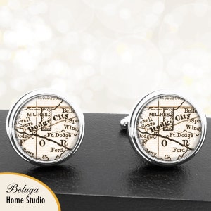 Kaart van manchetknopen Dodge City KS handgemaakte Cuff Links stadstaat Maps Kansas Groomsmen bruiloft partij vaders vaders mannen