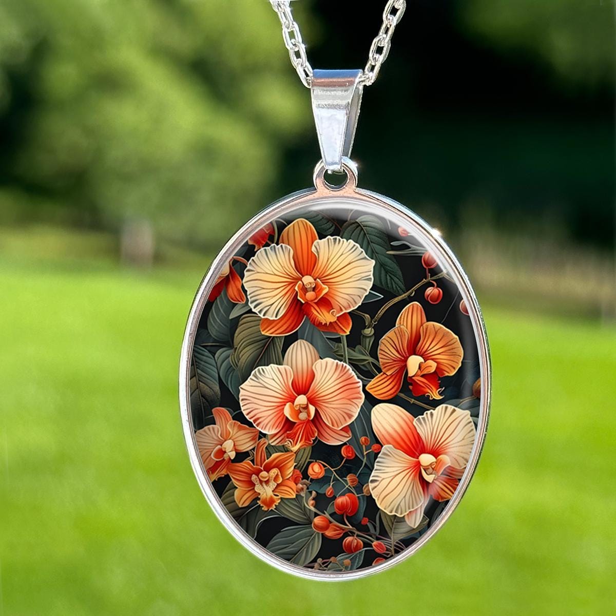 Orchid Flowers William Morris Pendant Necklace, Orange Floral