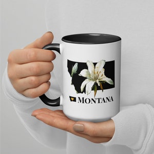 Montana Mug Color Inside, MT State Flower, Bitterroot Botanical Flower, Taza de café, Bebidas, Taza de arte, Regalo de mapa, Personalización opcional