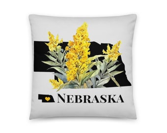 Nebraska Map Pillow & State Flower, Goldenrod, NB Throw Pillow, Sofa Accent, New Home Gift, Travel, Vacations, Real Estate Client Gifts