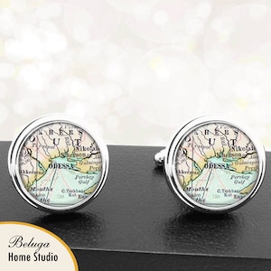 Carte antique Boutons de manchette Odessa Ukraine Boutons de manchette pour les garçons d’honneur Groom Fiance Anniversaire Mariage Pères Papas Hommes