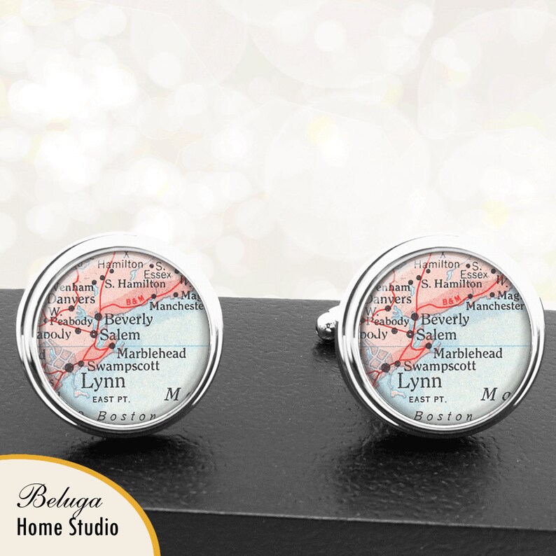 Map Cufflinks Marblehead MA Lynn MA Cuff Links State of Massachusetts for Groomsmen Wedding Party Fathers Dads Men