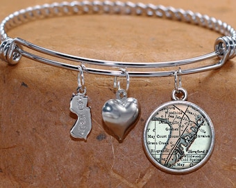 Cape May Wildwood New Jersey Map Charm Bracelet State of NJ Bangle Cuff Bracelet Vintage Map Jewelry Stainless Steel Bracelet
