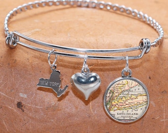 Custom Map Charm Bracelet Long Island State of NY Bangle Cuff Bracelet Vintage Map Jewelry Stainless Steel Bracelet