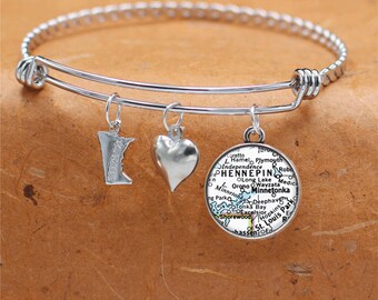 Minnesota Map Bracelet / Minnetonka MN / Charm Bracelet / Map Jewelry / Bridesmaid Mothers Day Birthday Graduation Wedding Gifts