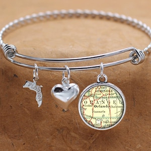 Orlando Florida kaart FL staat Bangle bedelarmband gepersonaliseerde aangepaste Vintage kaart sieraden RVS armband
