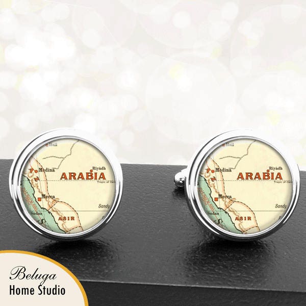 Antique Map Cufflinks Mecca Medina Riyadh Arabia Middle East Cuff Links for Groomsmen Groom Fiance Anniversary Wedding Fathers Dads Men