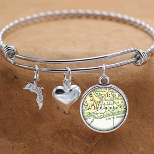 Pensacola, Florida kaart FL staat Bangle bedelarmband gepersonaliseerde aangepaste Vintage kaart sieraden RVS armband