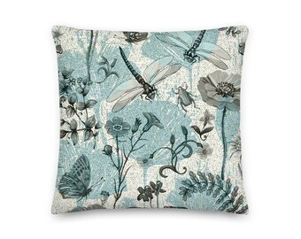 Botanical Flowers and Dragonflies Decorative Pillow / Home Decor / Throw Pillow / Sofa Pillow / Vintage Flowers / Teal Gray Beige