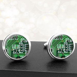 Green Computer Circuit Board Cufflinks Handmade Cuff Links Gifts for Computer Geeks Nerds Men Techies