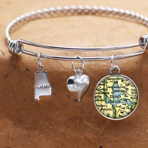 Le lac Martin Alabama carte Charm Bracelet état de AL bracelet manchette Bracelet carte Vintage bijoux Bracelet en acier inoxydable