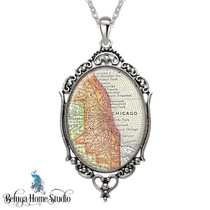 Rocznika Mapa naszyjnik owalne filigran wisiorek miasto Chicago Illinois antyczny Mapa wisiorek stan Il Mapa Biżuteria