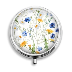 Pill Box, Blue & Yellow Flower Pattern, Pill Holder Pill Container Trinket Box PillBox Vitamin Medicine Box, Mint Tin, Gifts For Her