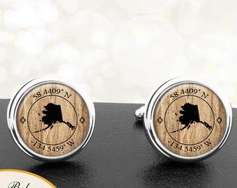 Custom Cufflinks Latitude Longitude Alaska State Silhouette Cuff Links for Grooms Wedding Party Dads Fathers Men - Choose State At Checkout